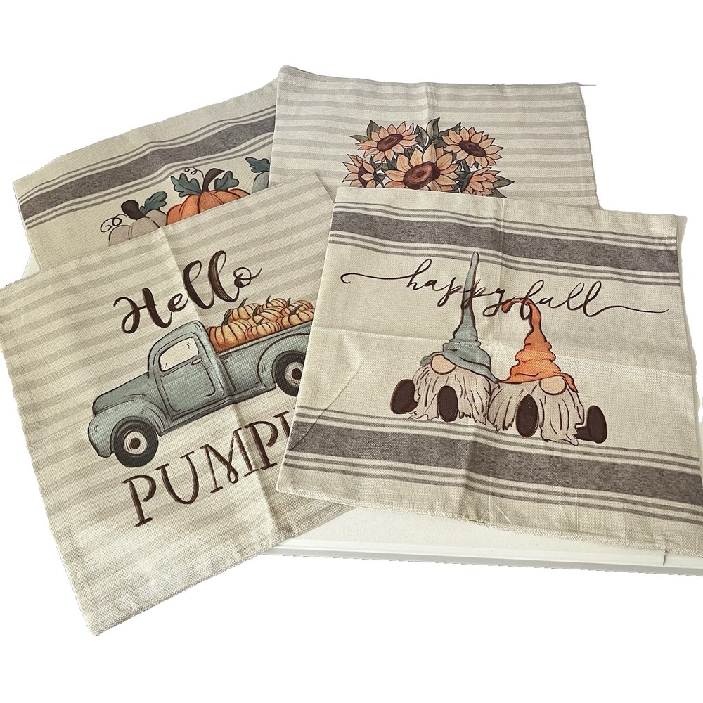Set of 4 Fall Autumn Pumpkin Gnome Thanksgiving Truck Pillow Covers 17x17 Burlap